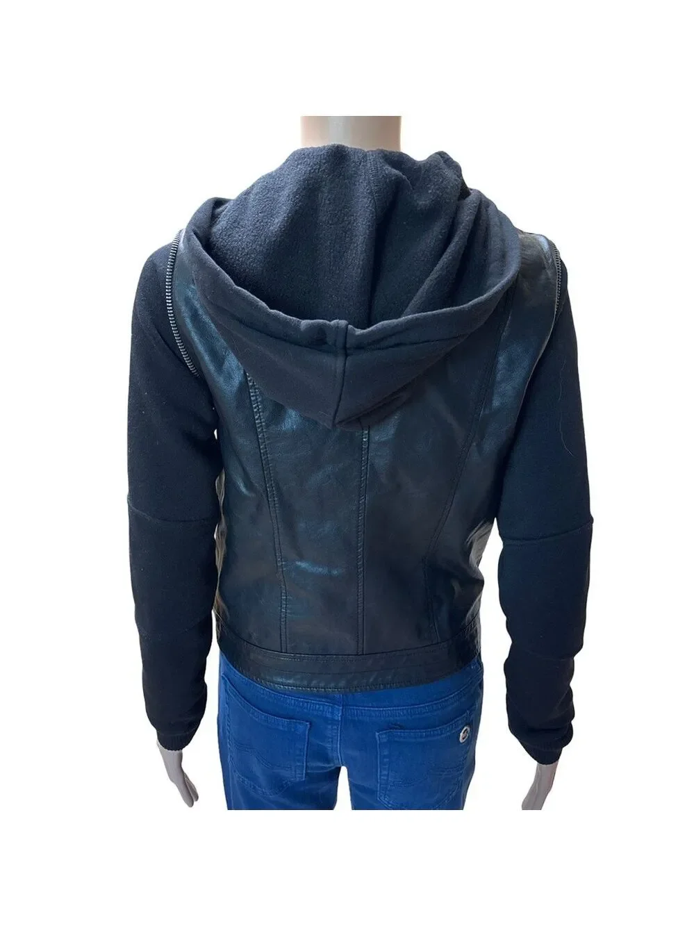 Jolt Black Vegan Leather Hooded Moto Jacket for Women Size Small NWT